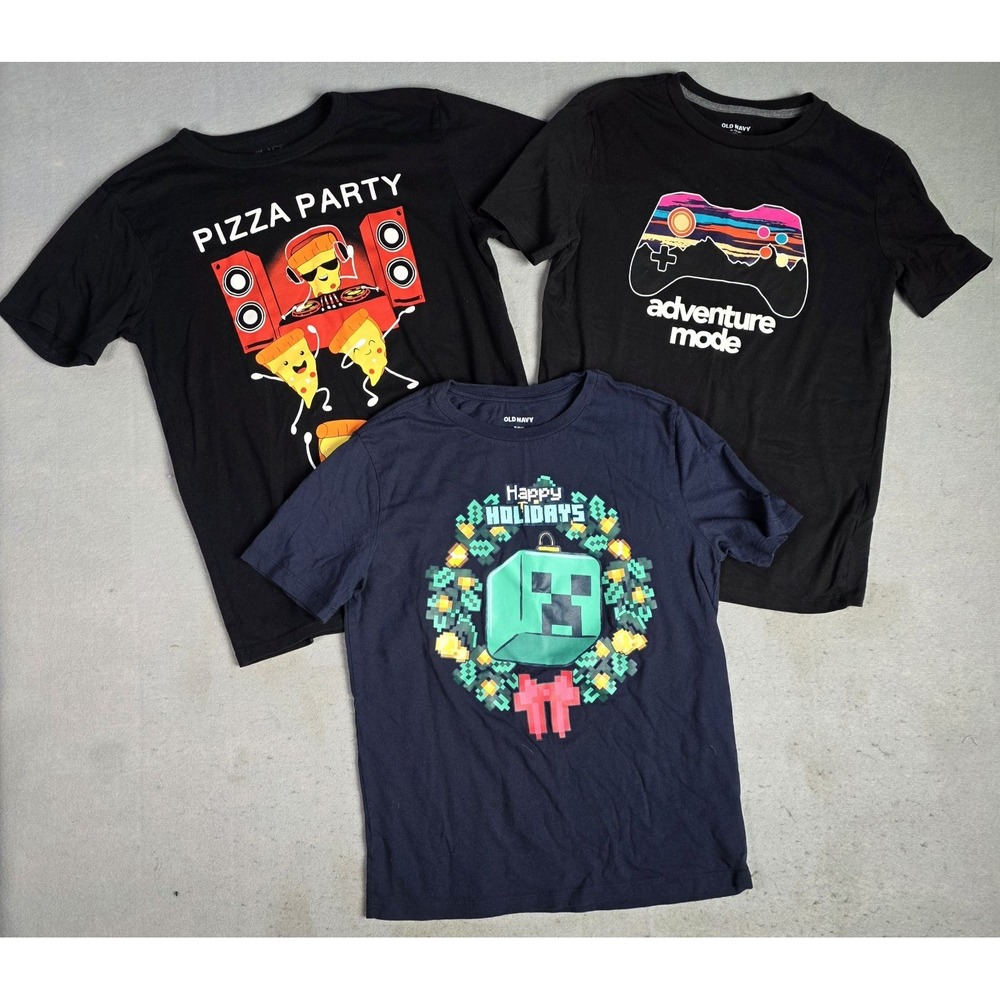 Lot of 3 Boys Youth Tshirts XL - Gamer- Minecraft- Pizza Party - Various Brands